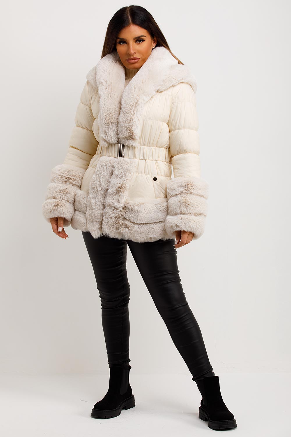 Beige Faux Fur Trim Puffer Hooded Down Jacket With Belt