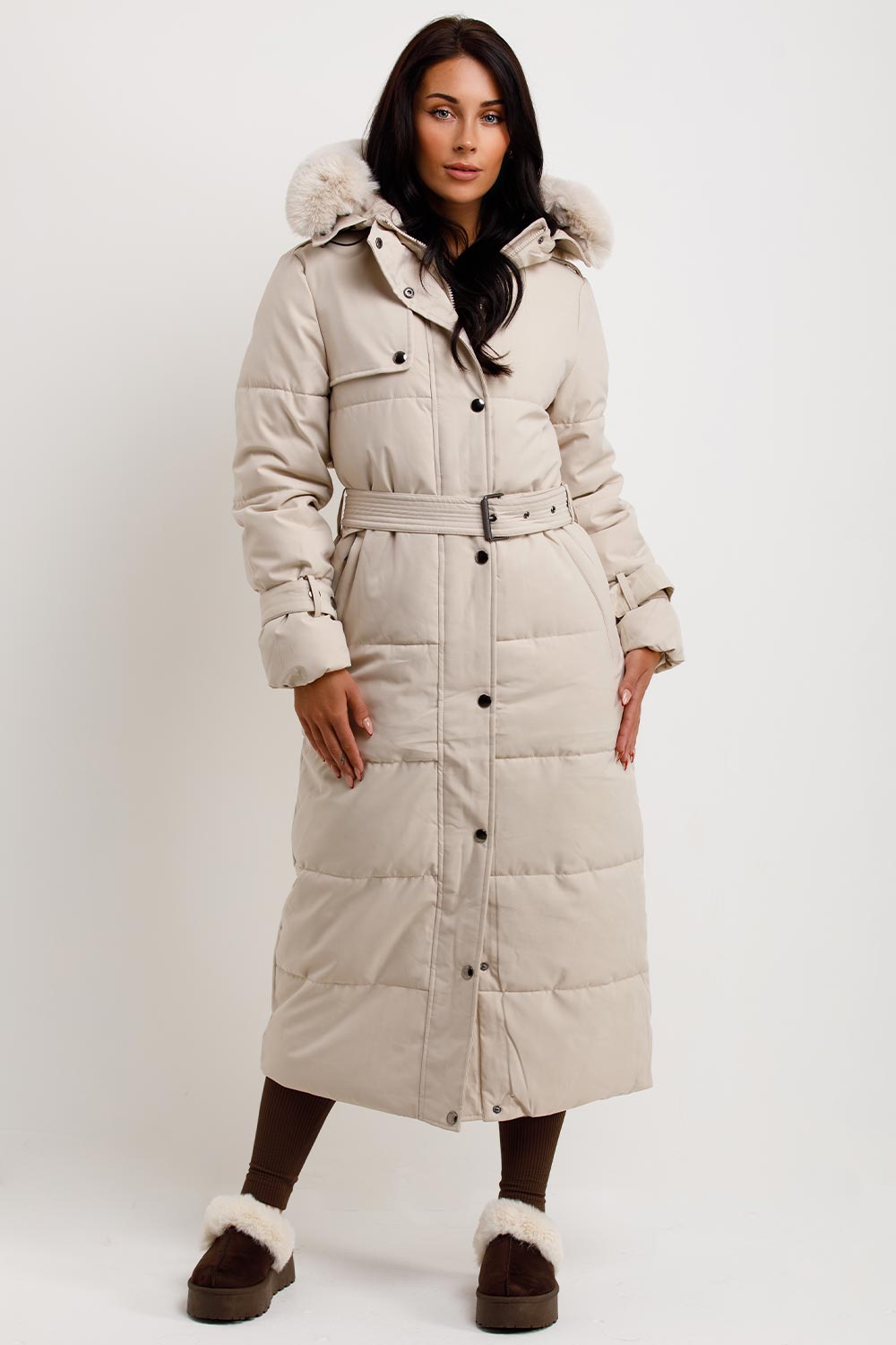 Long Puffer Trench Coat With Belt And Faux Fur Hood Beige