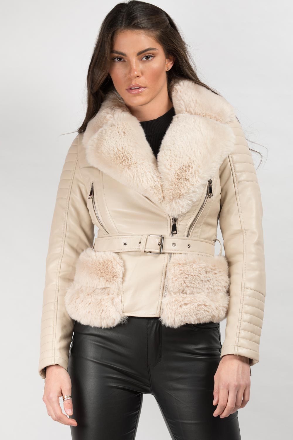 Cream Faux Fur Faux Leather Belted Jacket