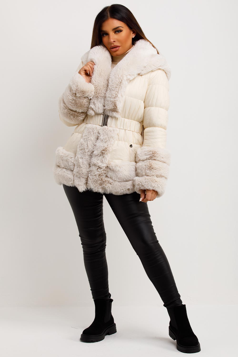 Beige Faux Fur Trim Puffer Hooded Down Jacket With Belt