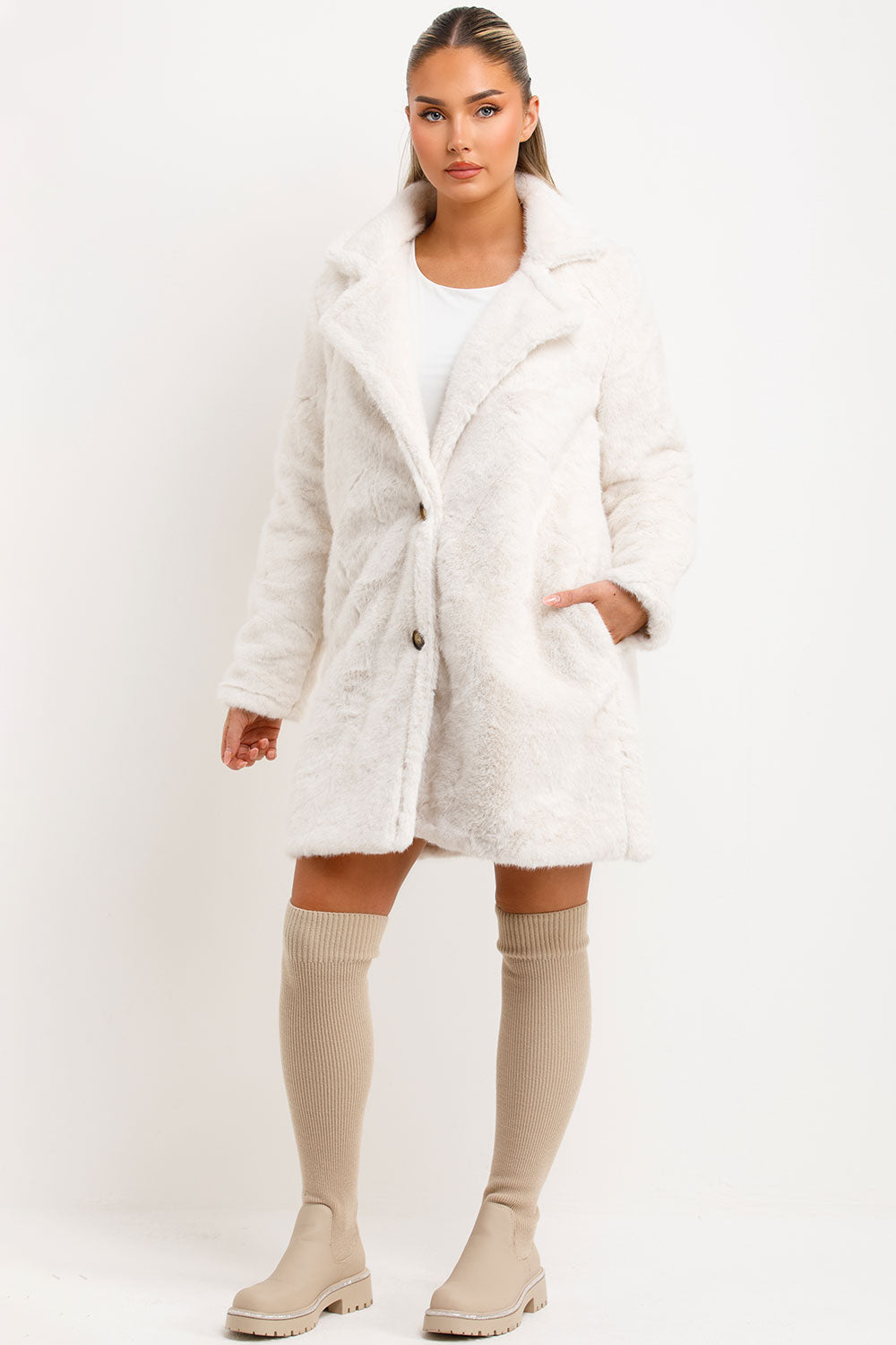 Faux Fur Coat With Lapel Collar White