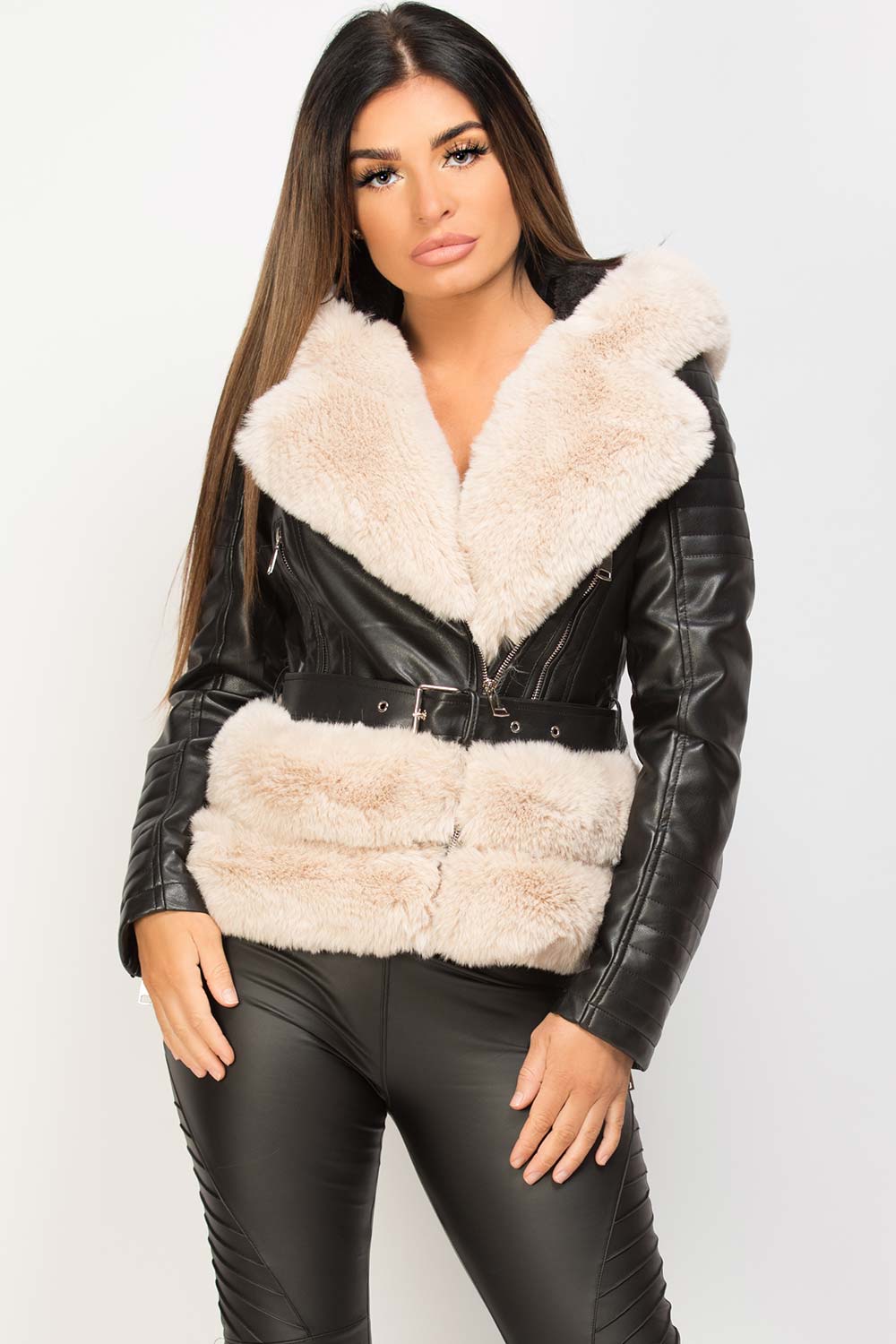 Cream Faux Fur Hooded Faux Leather Belted Jacket