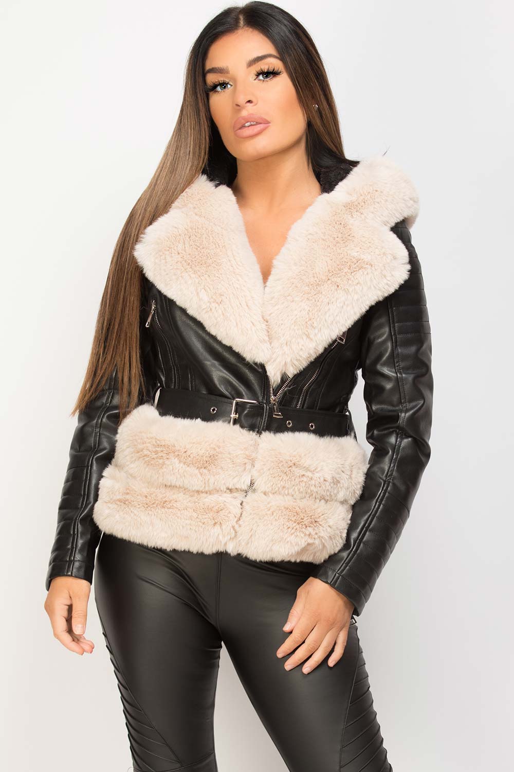 Cream Faux Fur Hooded Faux Leather Belted Jacket