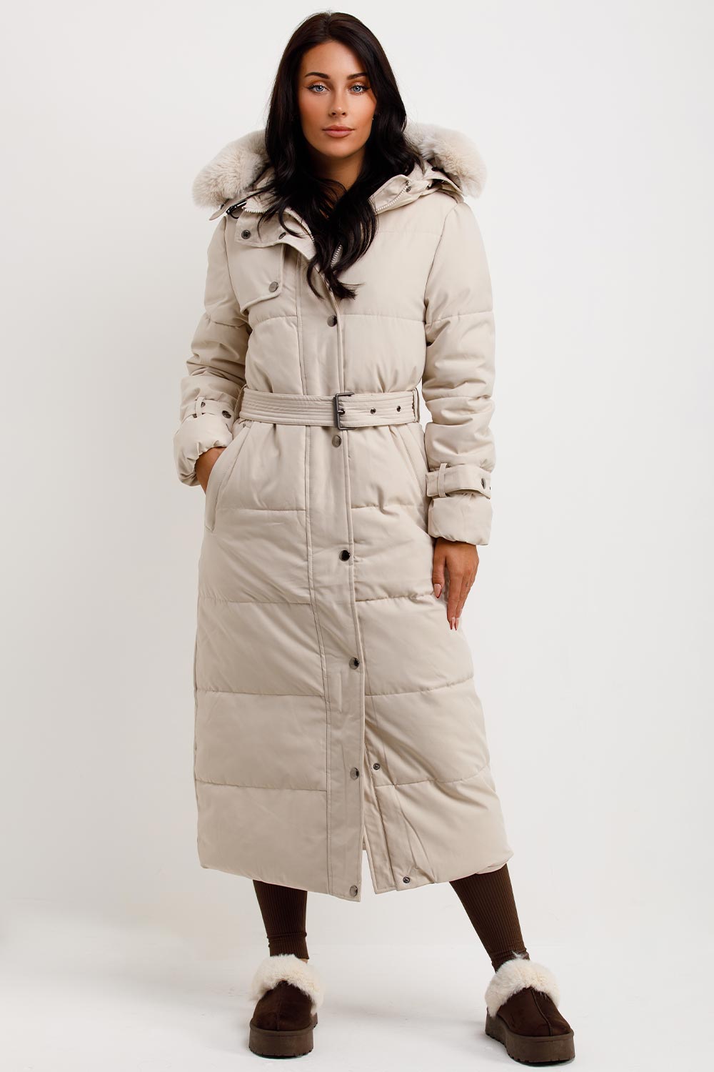 Long Puffer Trench Coat With Belt And Faux Fur Hood Beige