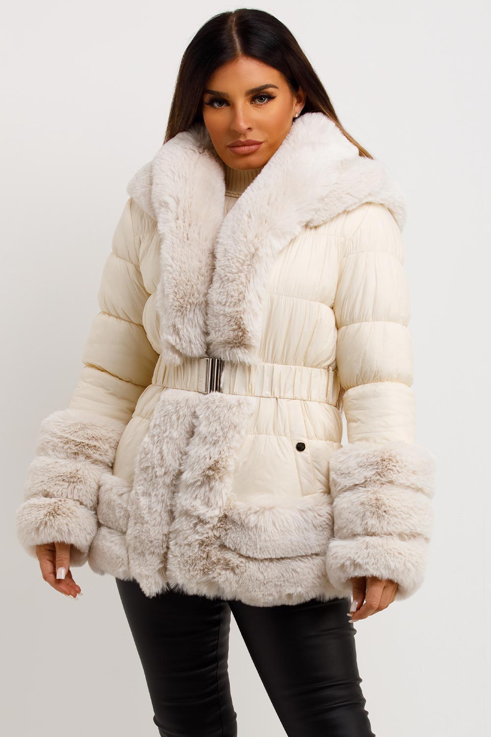 Beige Faux Fur Trim Puffer Hooded Down Jacket With Belt