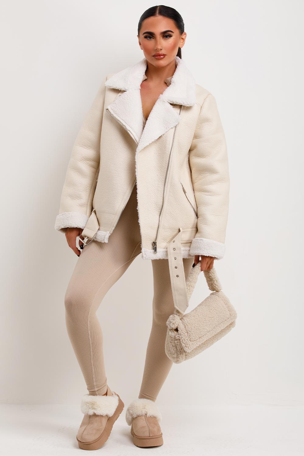 Aviator Jacket With Shearling Detail Beige