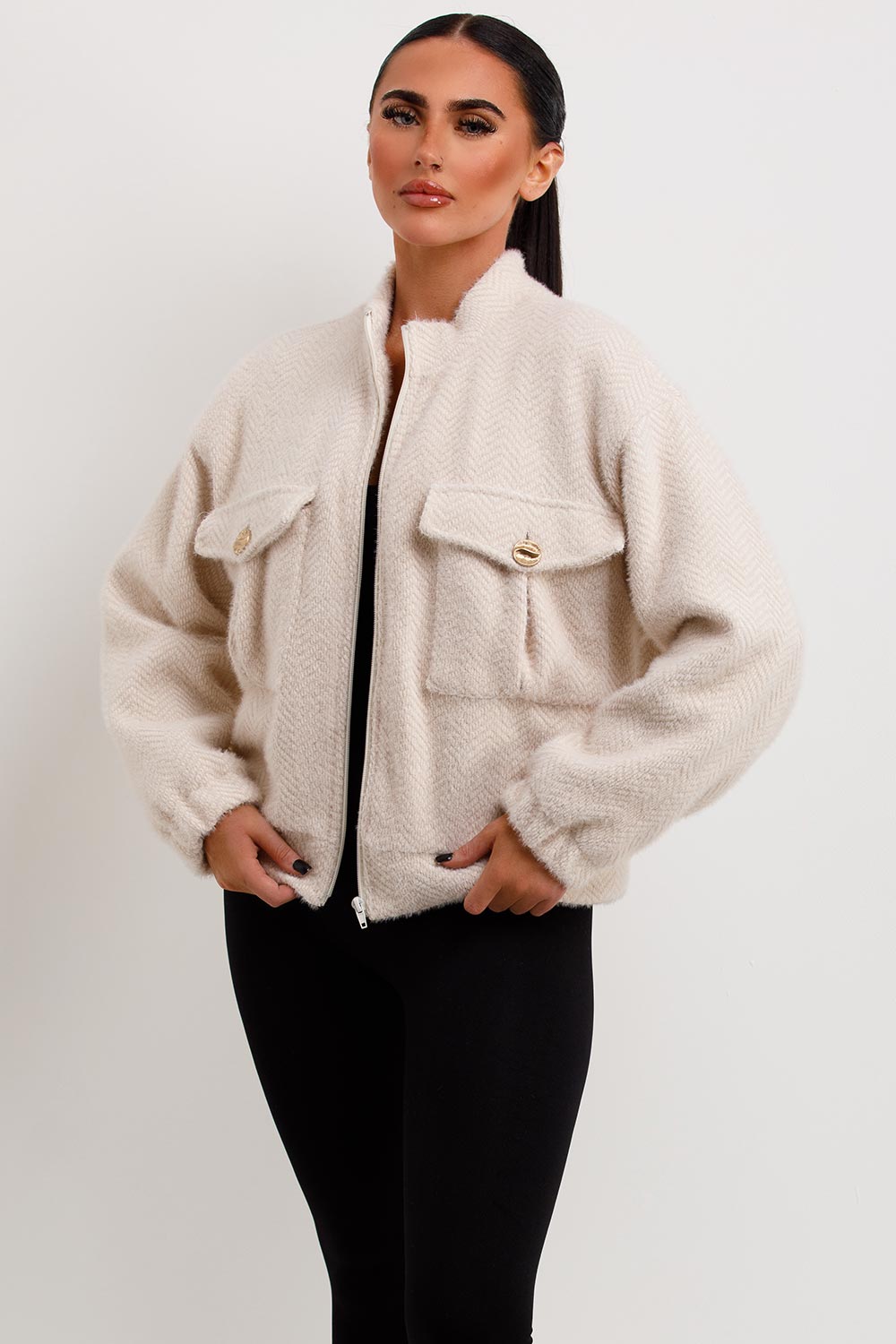 Aviator Bomber Jacket Jacket Textured Beige