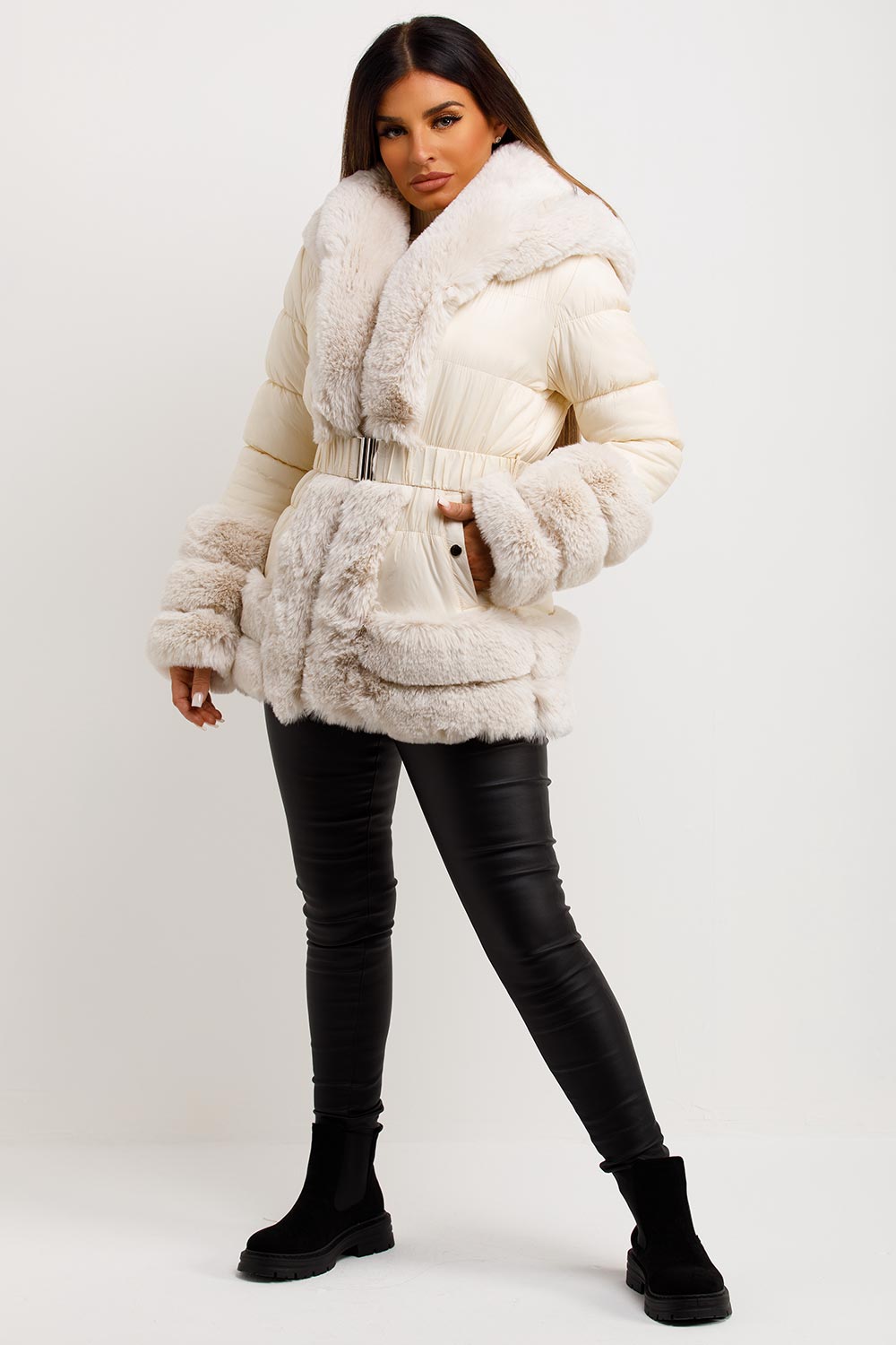 Beige Faux Fur Trim Puffer Hooded Down Jacket With Belt