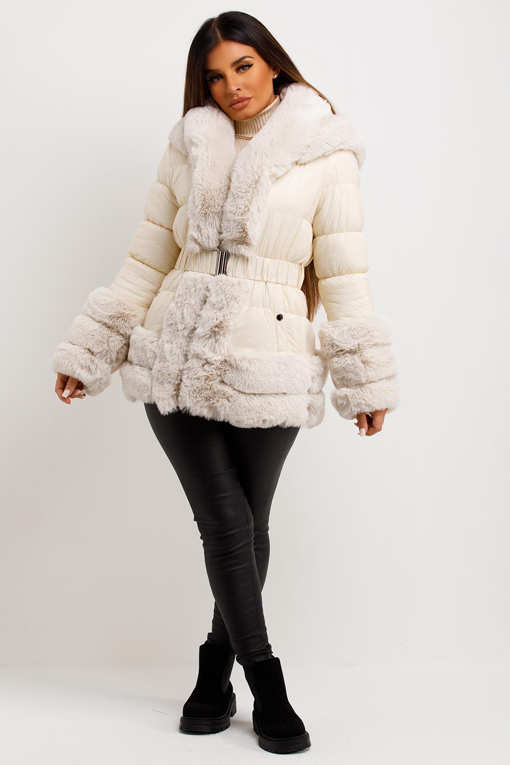 Beige Faux Fur Trim Puffer Hooded Down Jacket With Belt