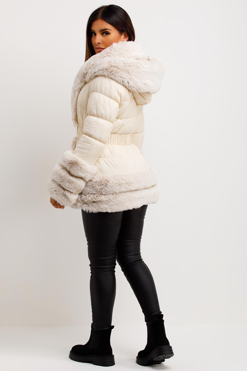 Beige Faux Fur Trim Puffer Hooded Down Jacket With Belt