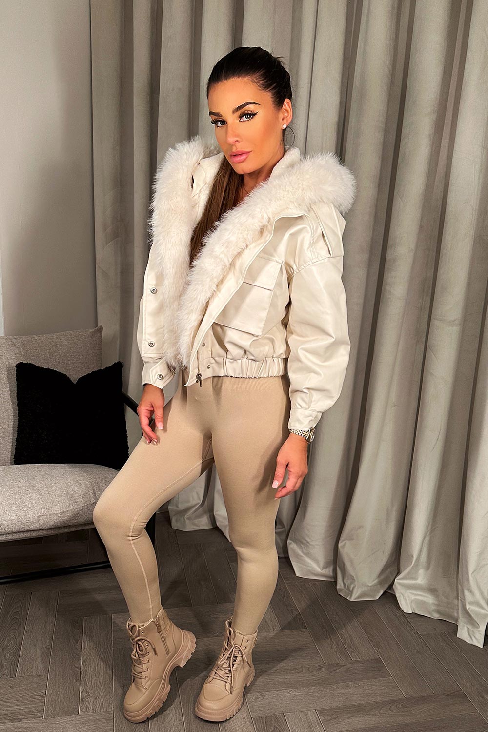 Faux Leather Bomber Jacket With Faux Fur Hood Beige