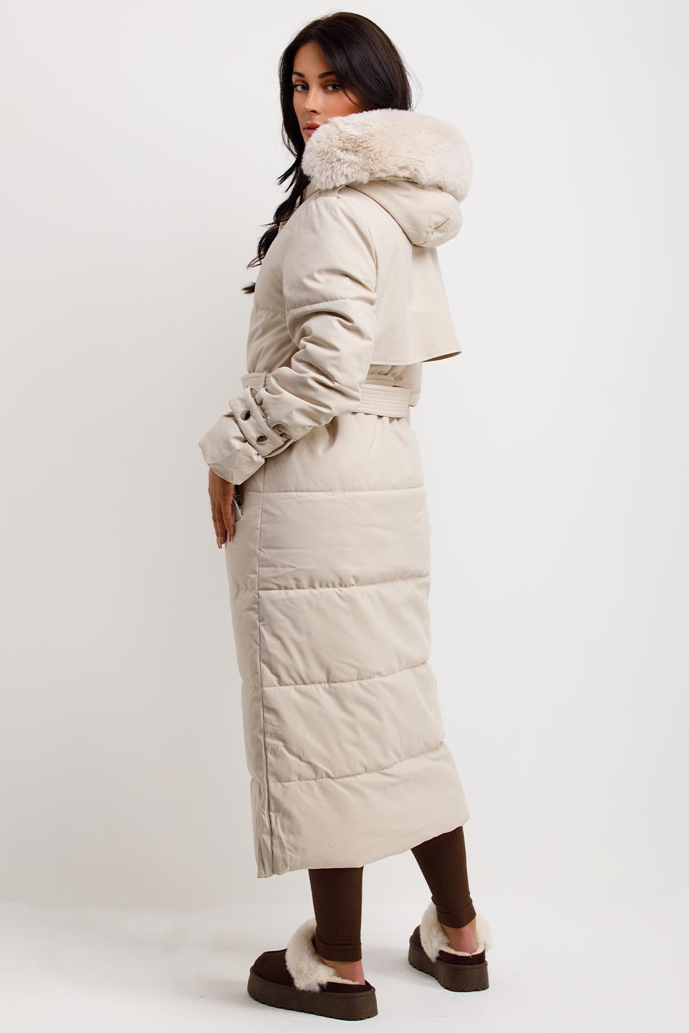 Long Puffer Trench Coat With Belt And Faux Fur Hood Beige