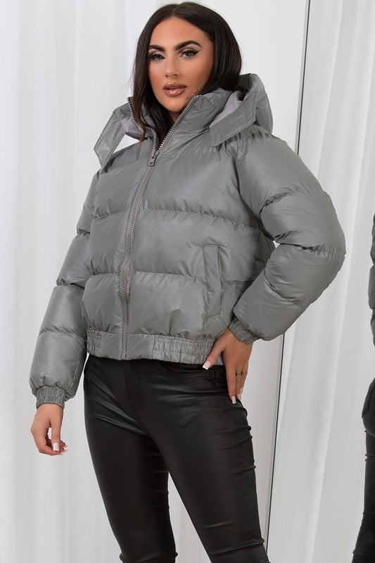 Cropped Puffer Jacket with Hood Grey