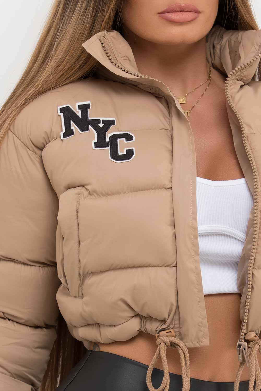 Crop Puffer Jacket With NYC Embroidery Beige