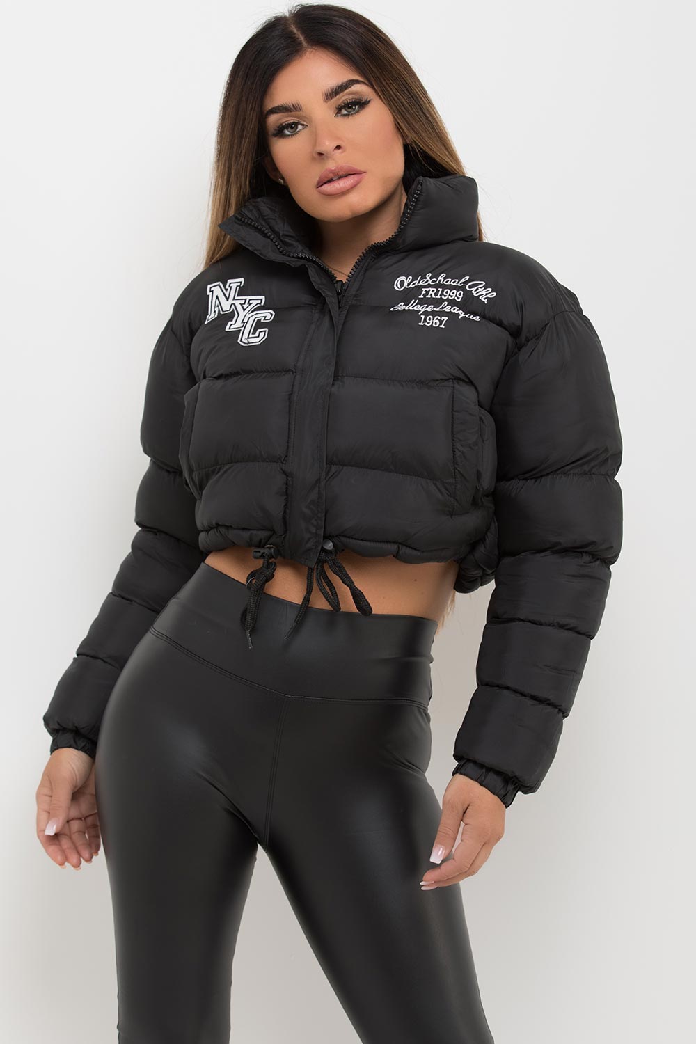 Crop Puffer Jacket With NYC Embroidery Black