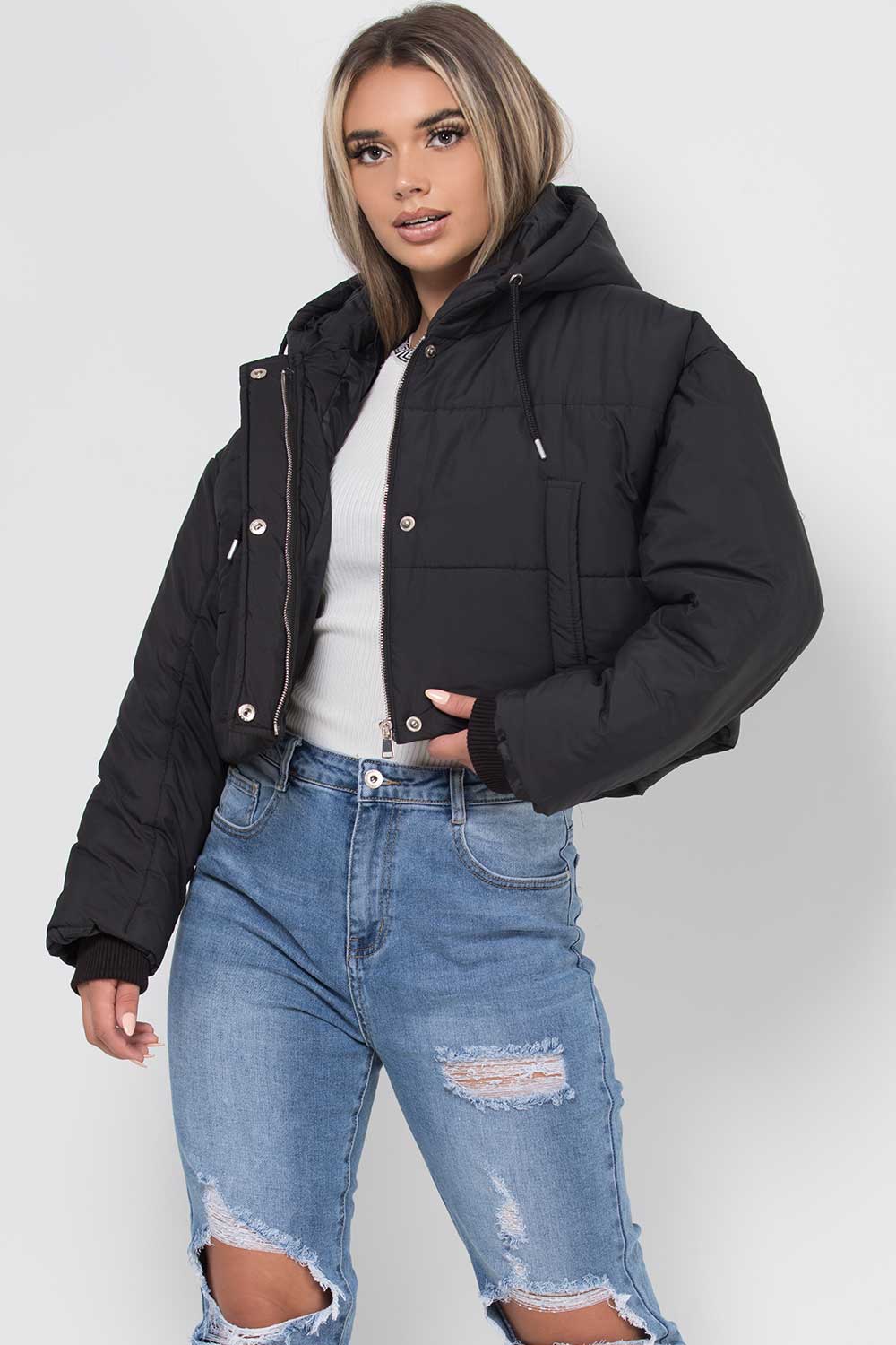 Black Crop Puffer Jacket With Hood