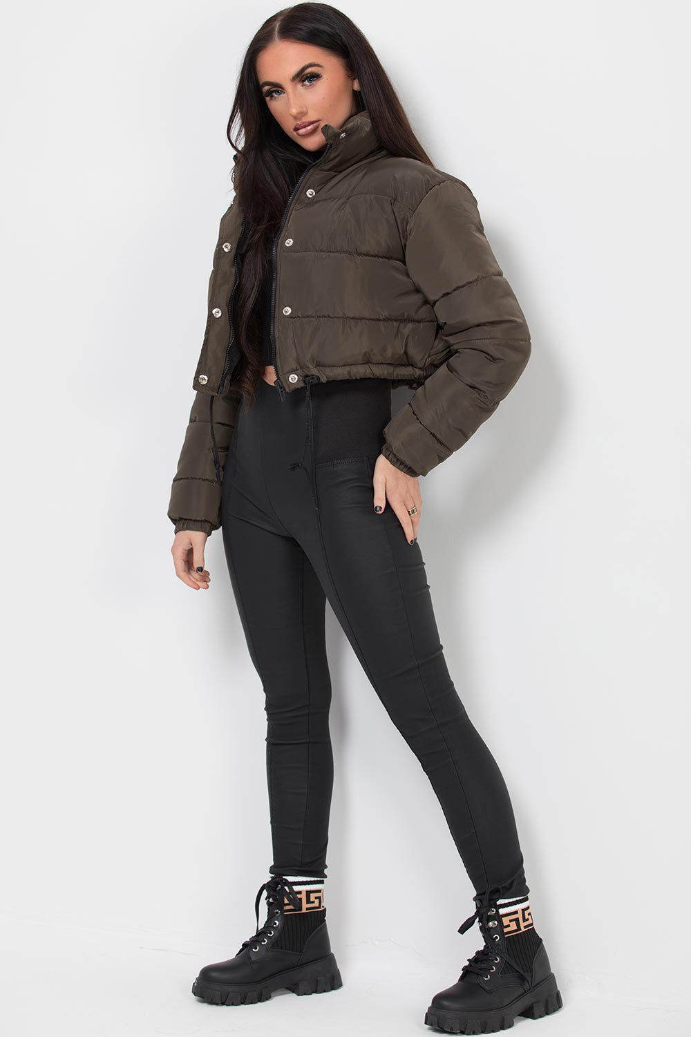 Crop Puffer Jacket Khaki