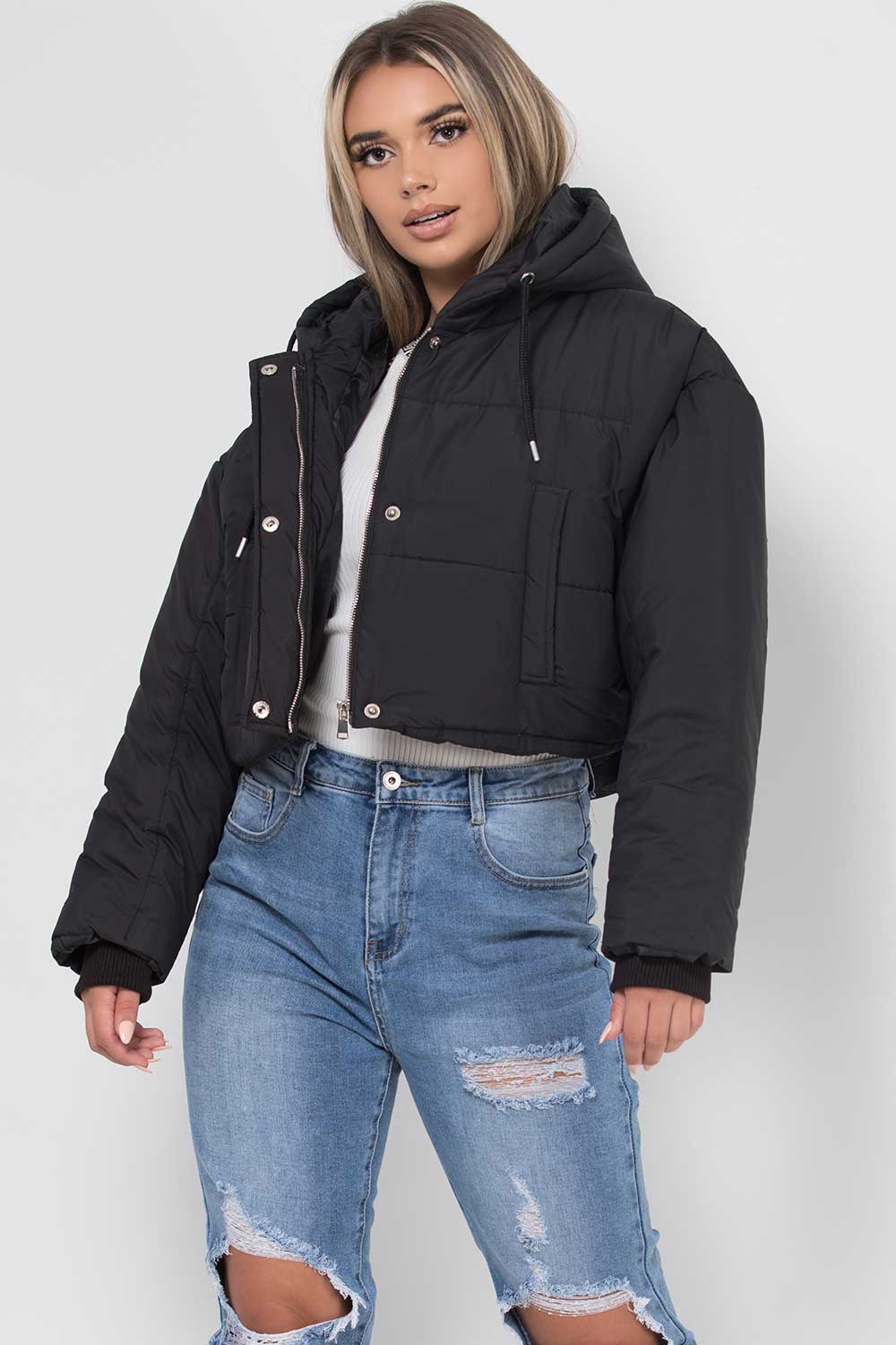 Black Crop Puffer Jacket With Hood