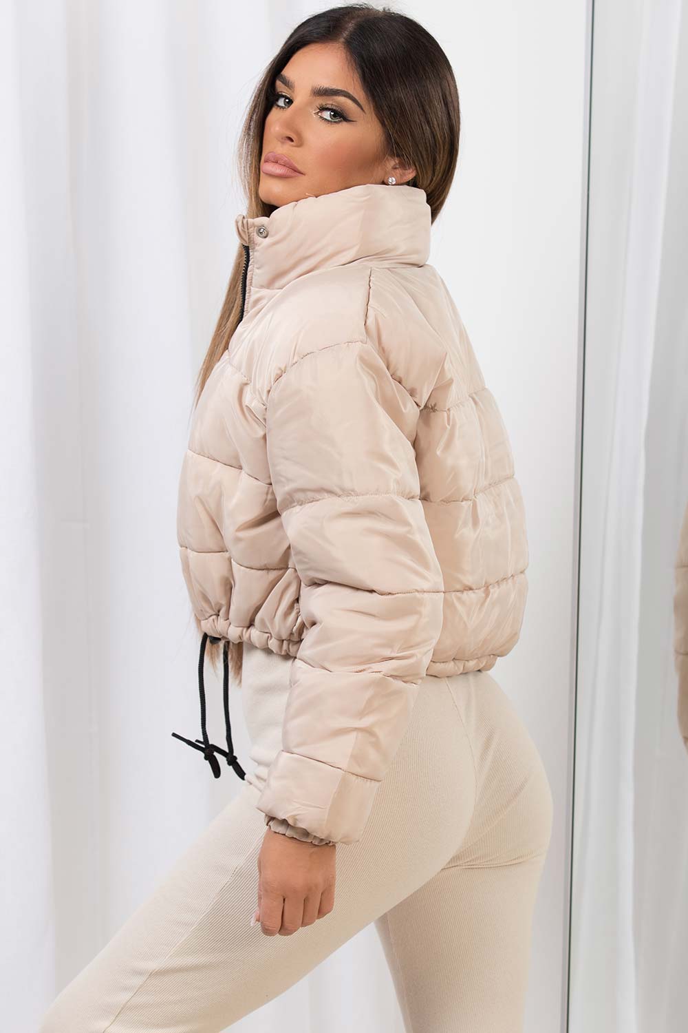 Beige Crop Puffer Jacket