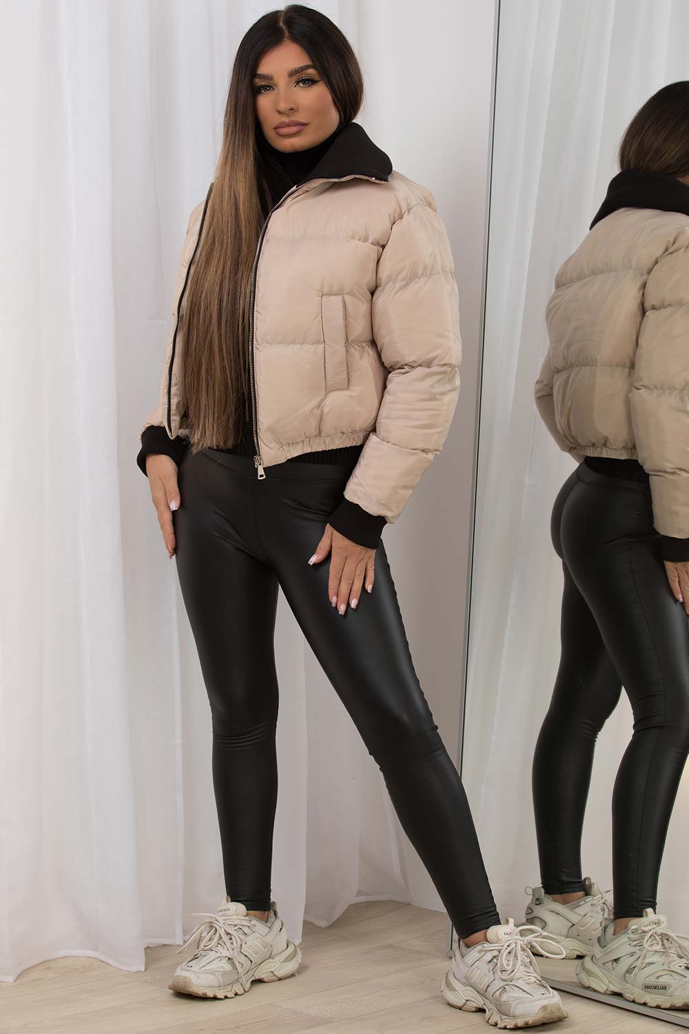 Cropped Puffer Jacket With Rib Collar Beige