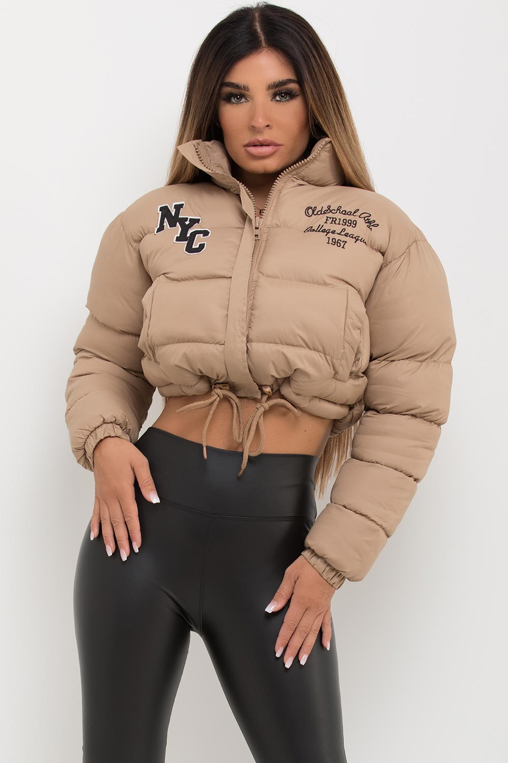 Crop Puffer Jacket With NYC Embroidery Beige