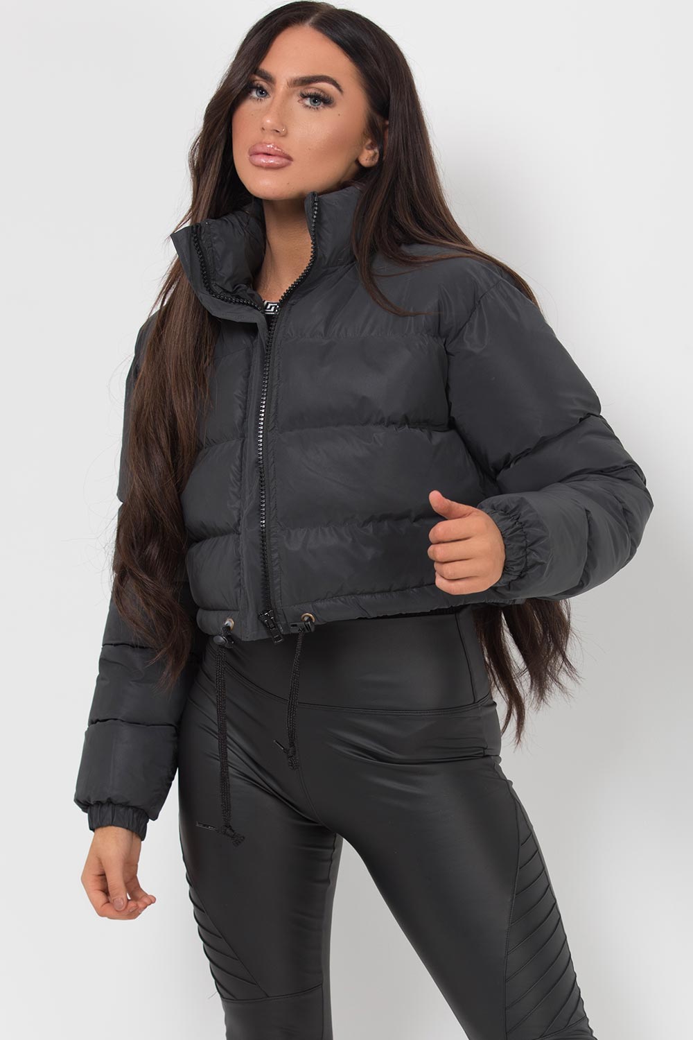 Crop Puffer Jacket Black Reflective