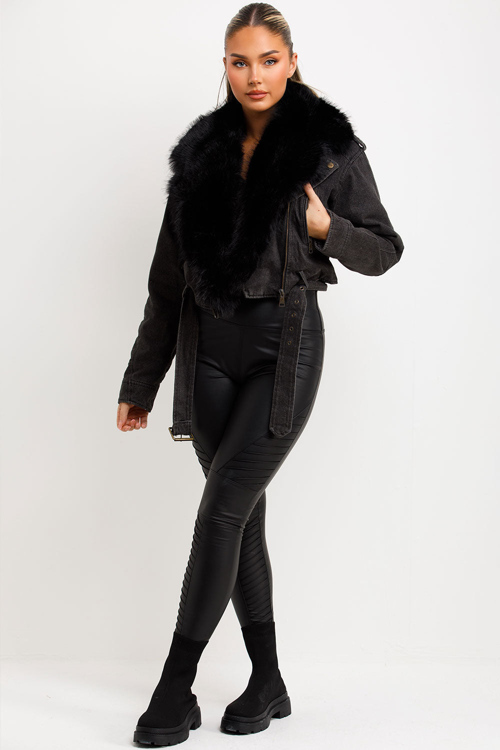 Denim Aviator Jacket With Faux Fur Collar Black