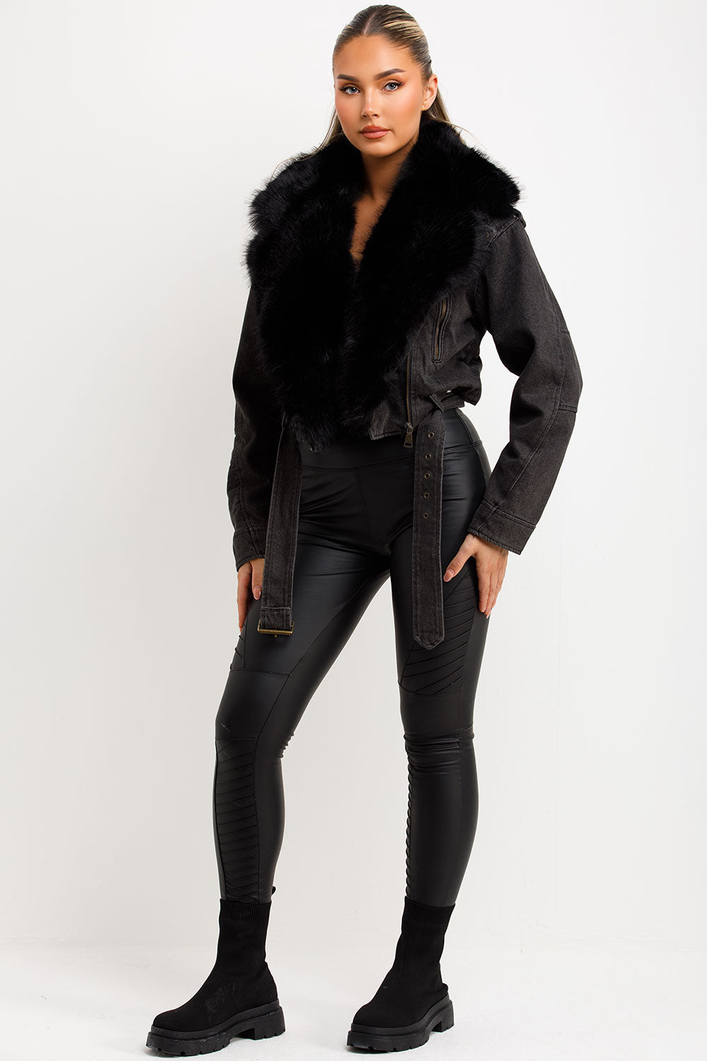 Denim Aviator Jacket With Faux Fur Collar Black