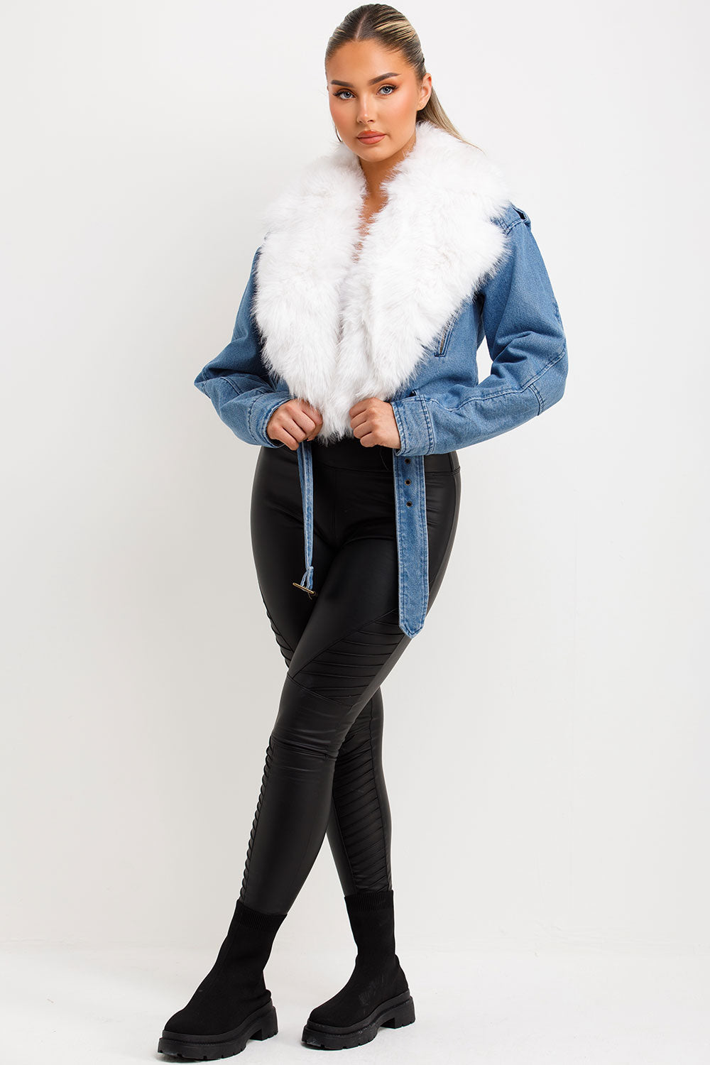 Denim Blue Aviator Jacket With Faux Fur Collar