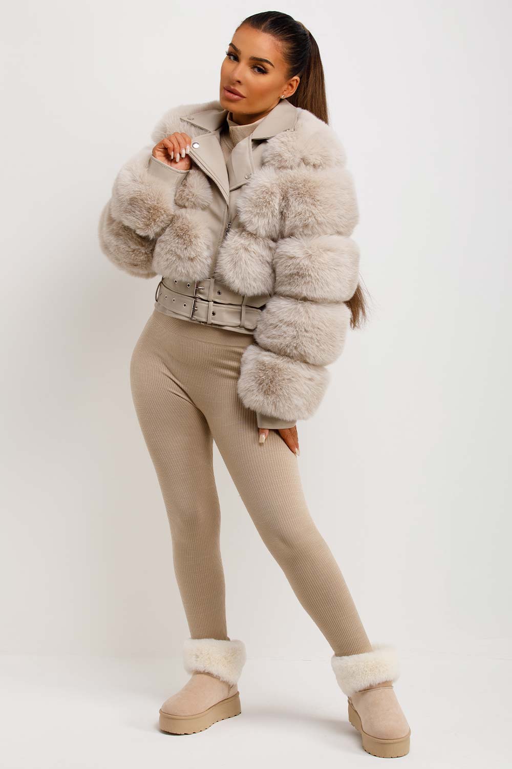 Faux Fur Faux Leather Aviator Jacket With Belt Beige