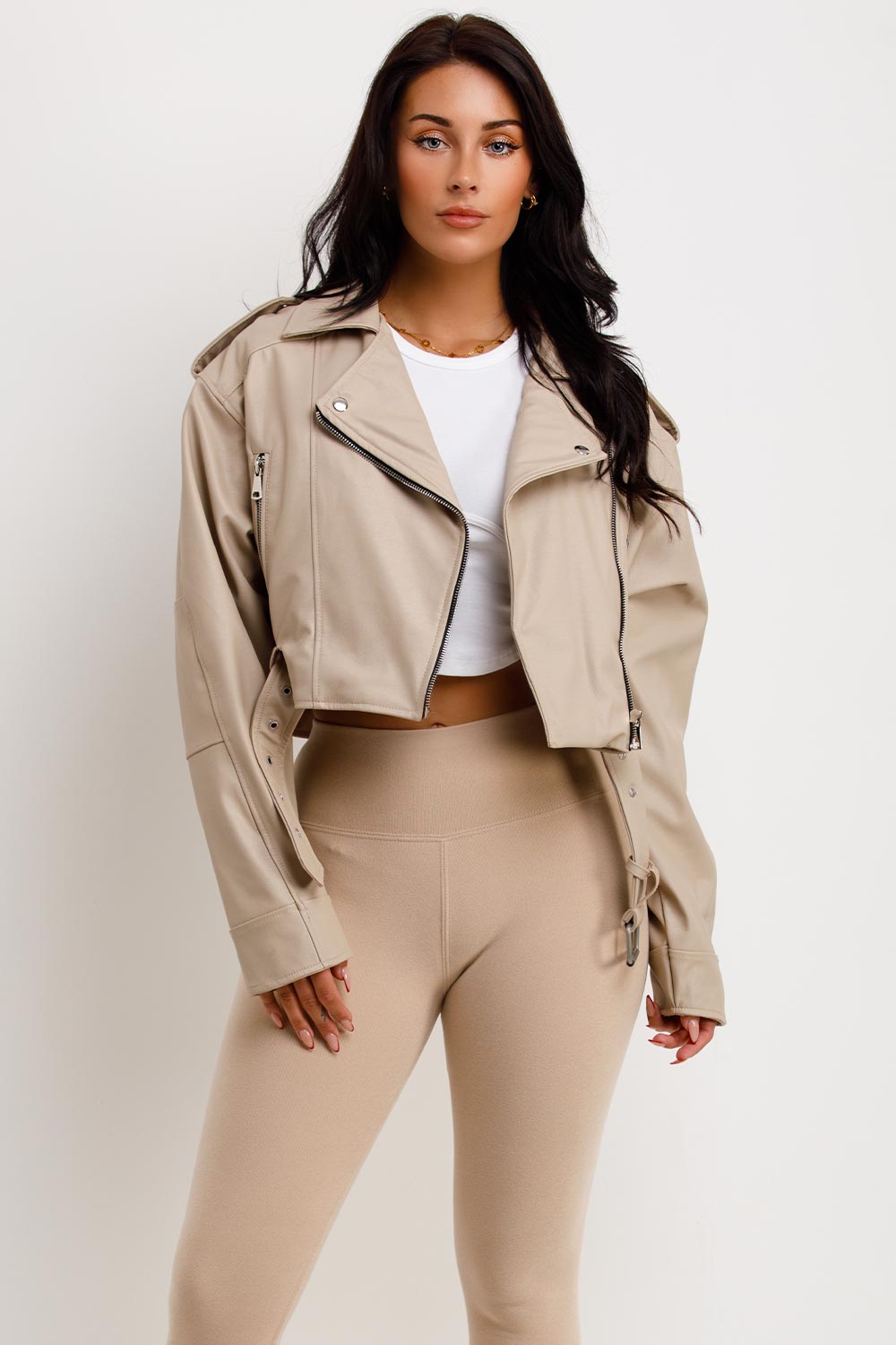 Faux Leather Jacket Beige