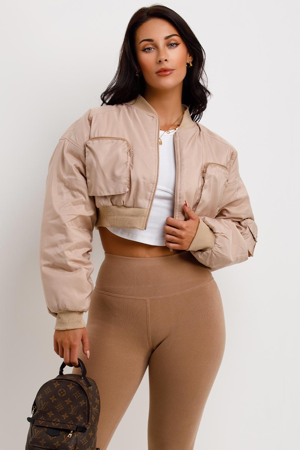 Crop Bomber Jacket With Pockets Beige