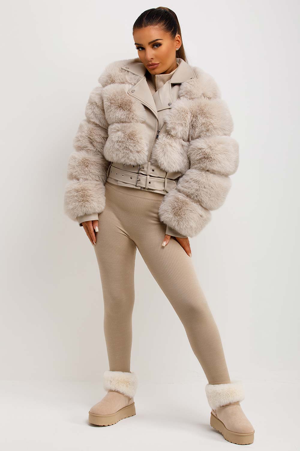 Faux Fur Faux Leather Aviator Jacket With Belt Beige