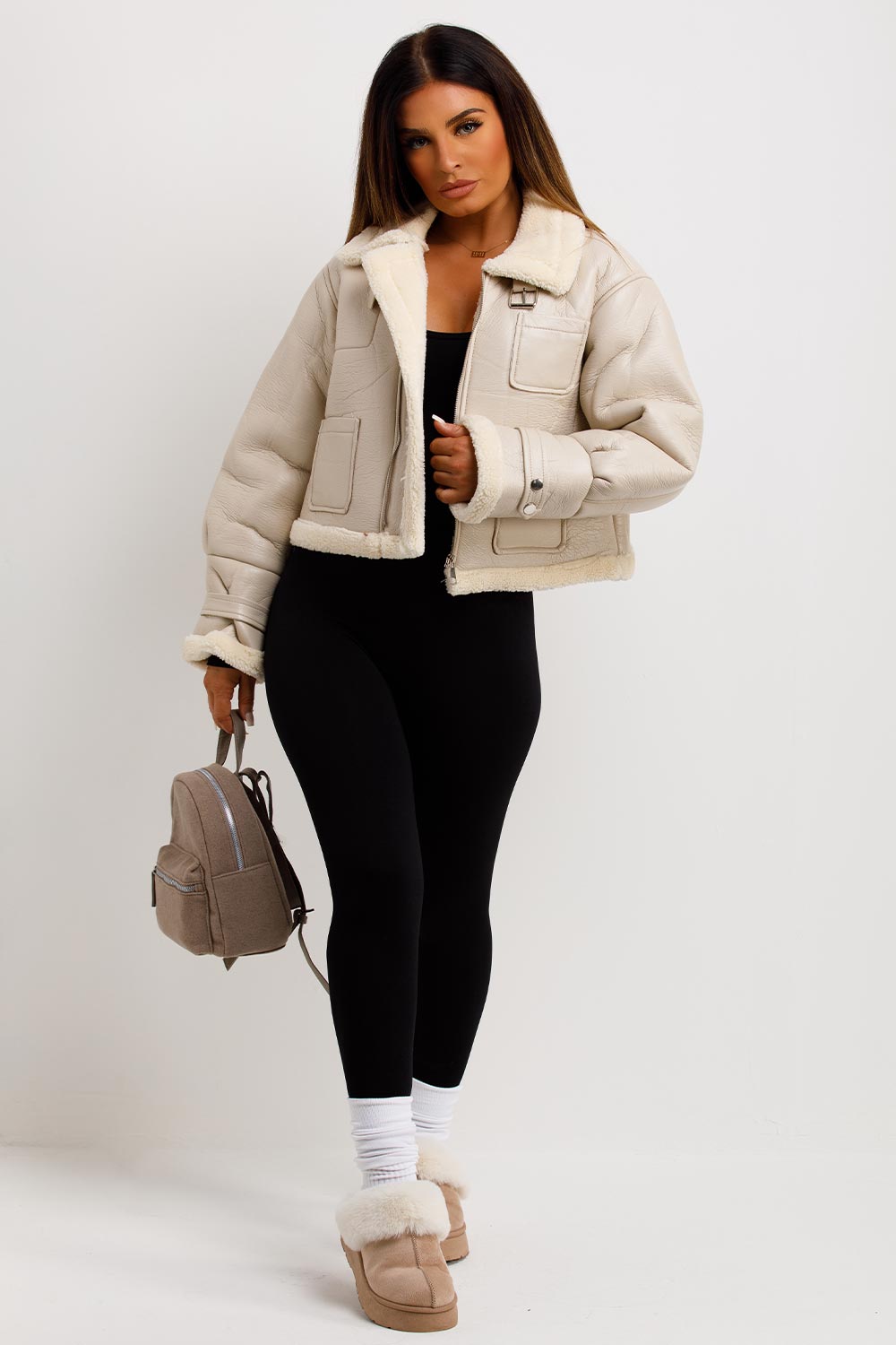 Crop Aviator Jacket Beige