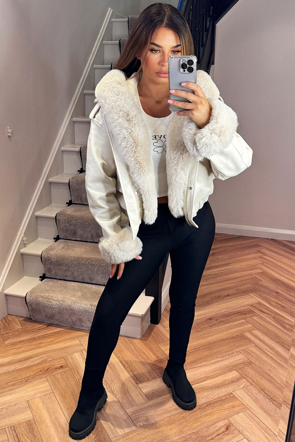 Faux Fur Bomber Jacket In Faux Leather Beige