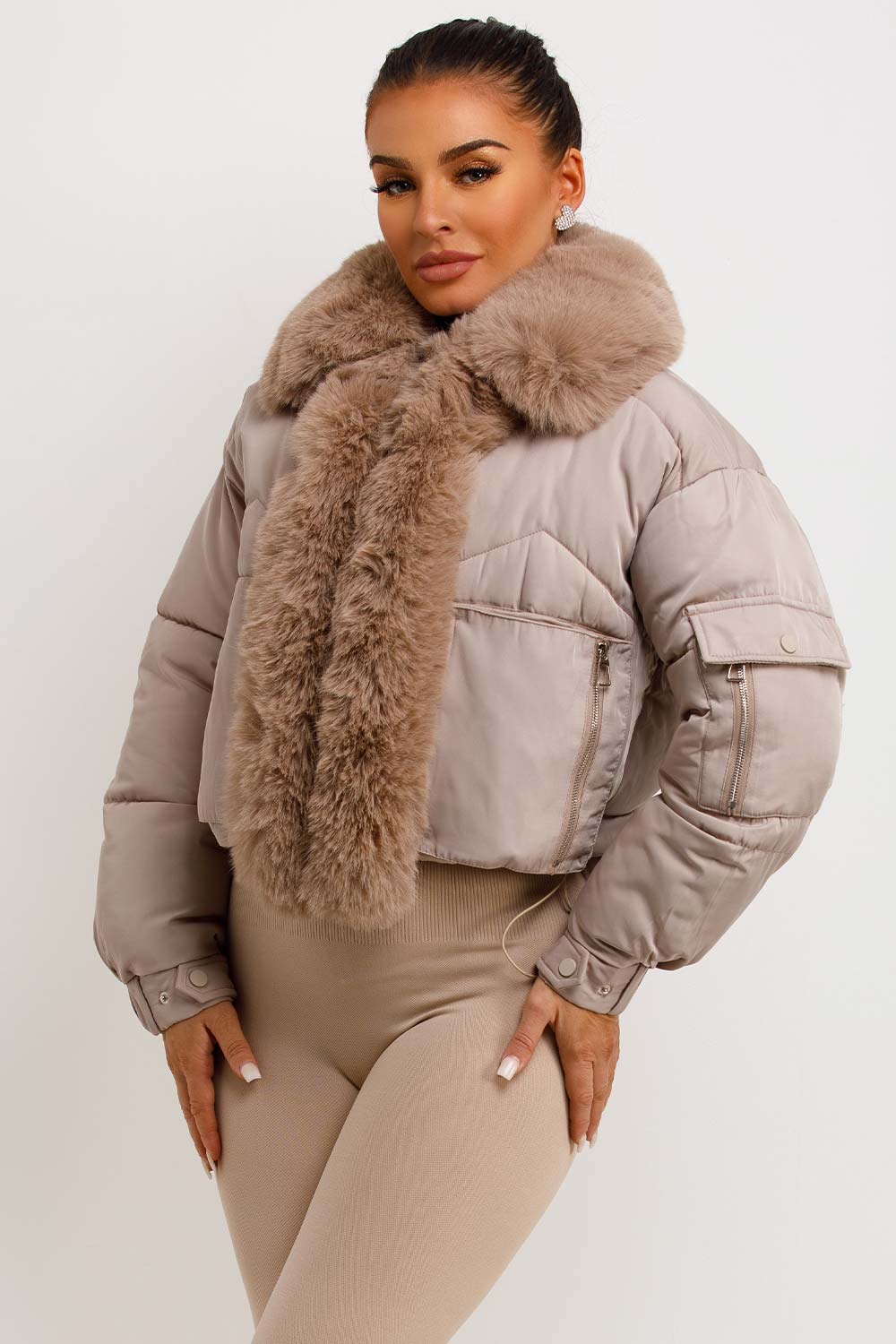 Puffer Jacket With Fur Trim Beige