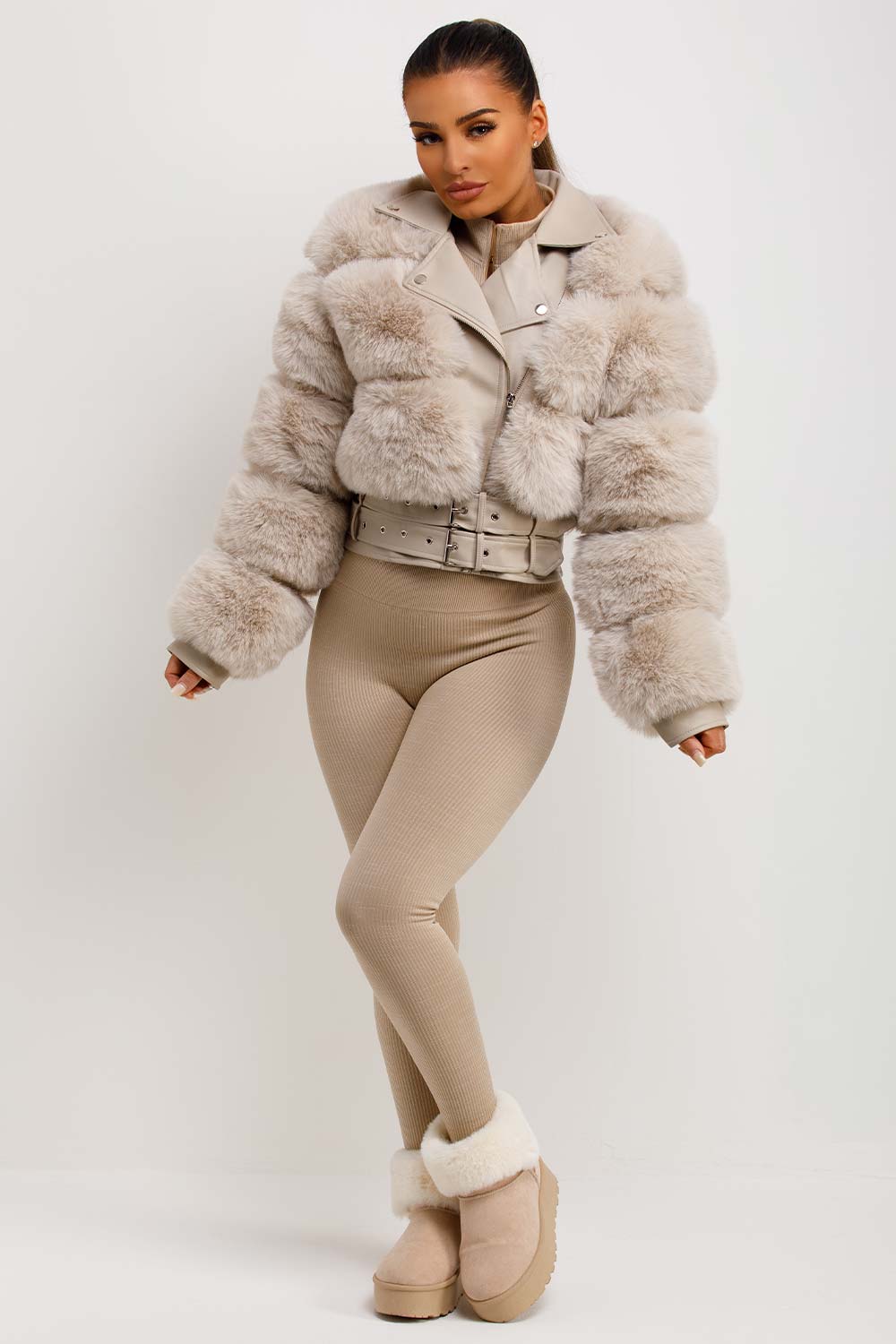 Faux Fur Faux Leather Aviator Jacket With Belt Beige