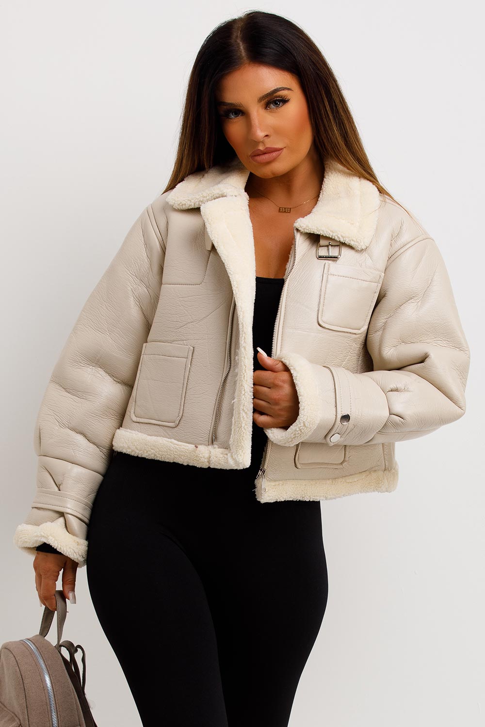 Crop Aviator Jacket Beige