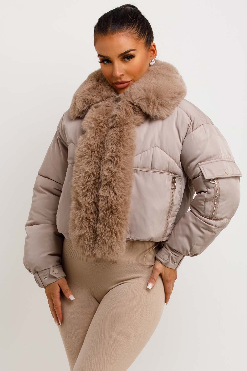 Puffer Jacket With Fur Trim Beige