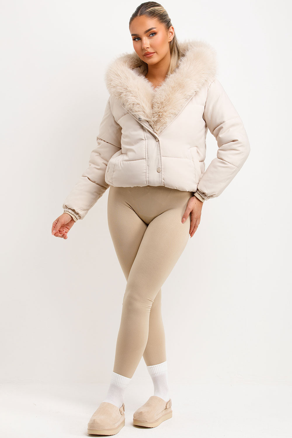 Bomber Jacket With Fur Hood And Trim Beige