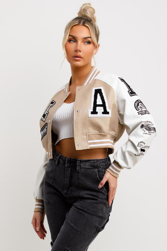 Varsity Bomber Faux Leather Jacket With Letter Detail Beige