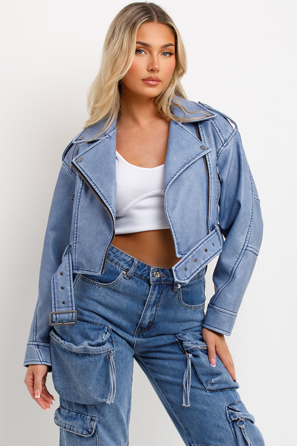 Faux Leather Jacket Denim Blue