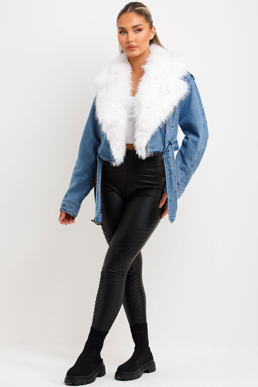 Denim Blue Aviator Jacket With Faux Fur Collar