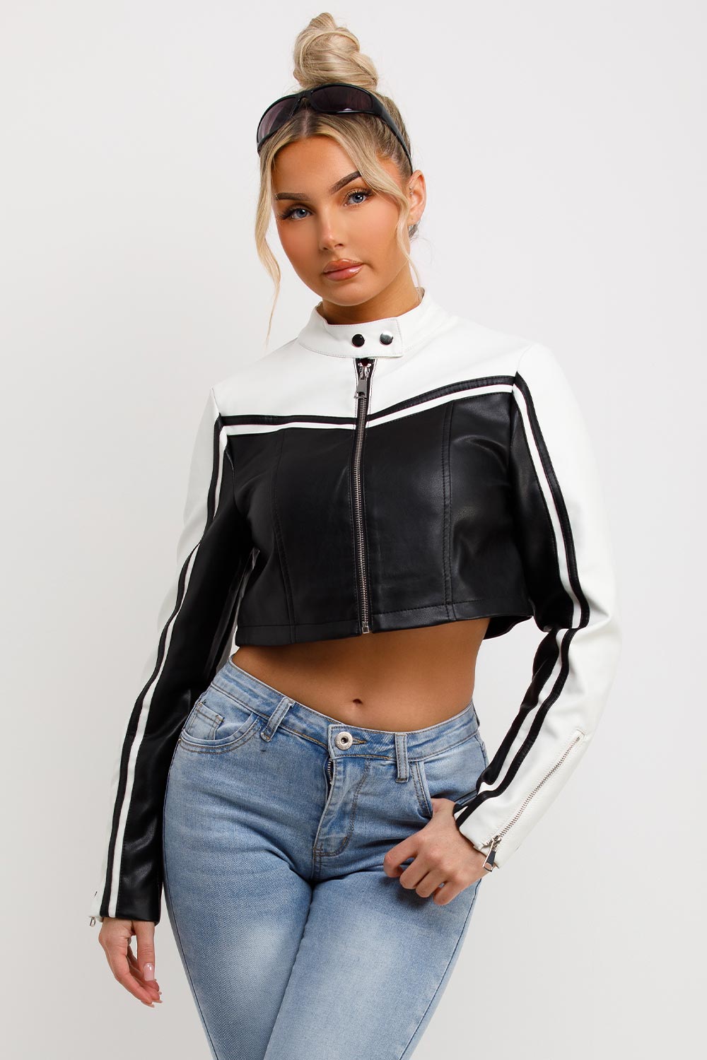 Faux Leather Racer Jacket Black And White