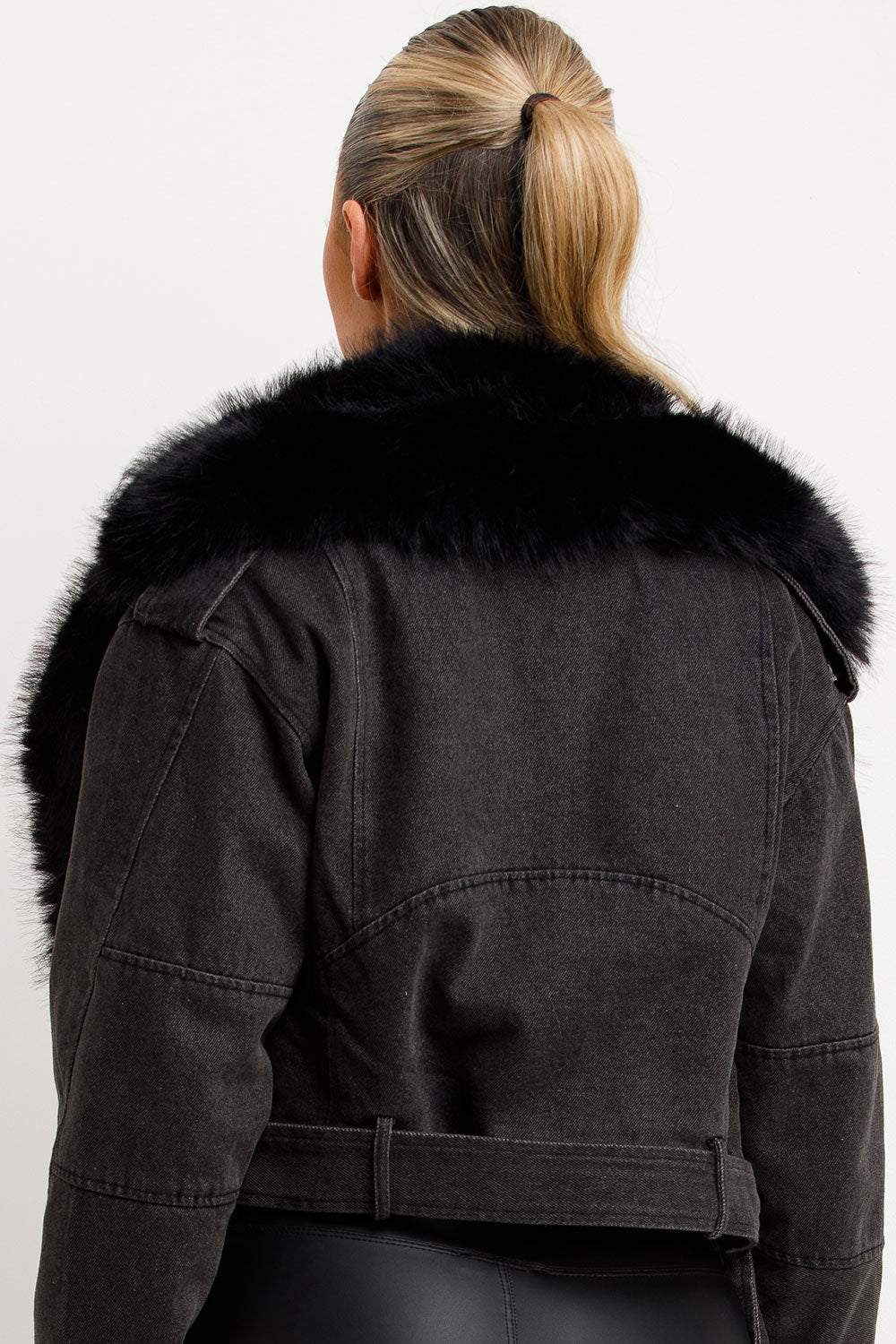 Denim Aviator Jacket With Faux Fur Collar Black