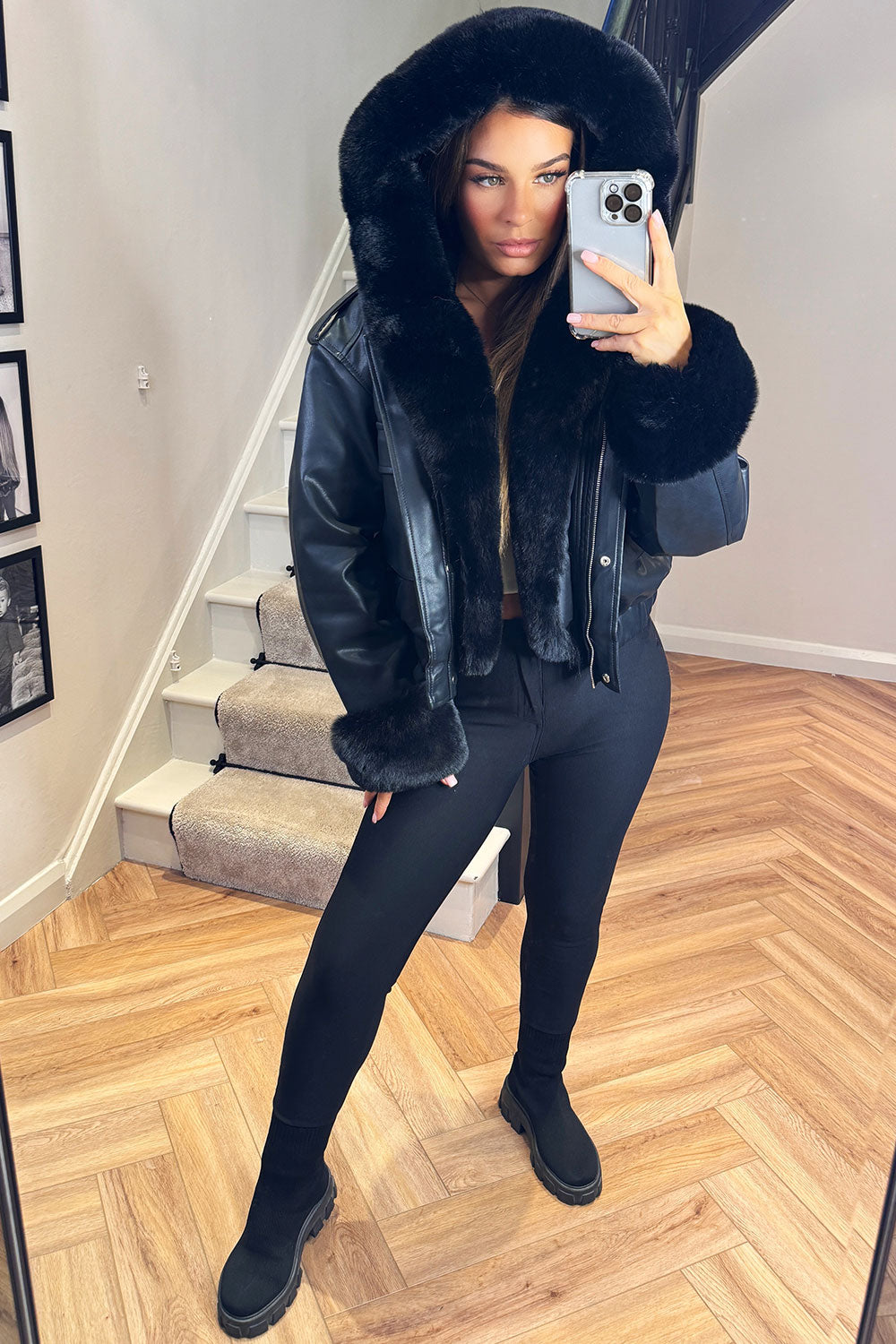 Faux Fur Bomber Jacket In Faux Leather Black