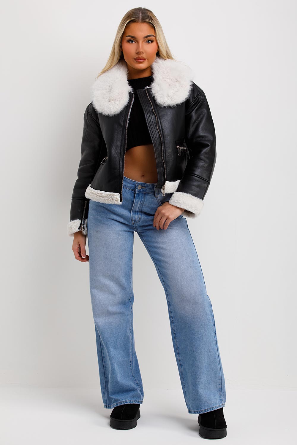 Crop Aviator Jacket With Fur Collar Black