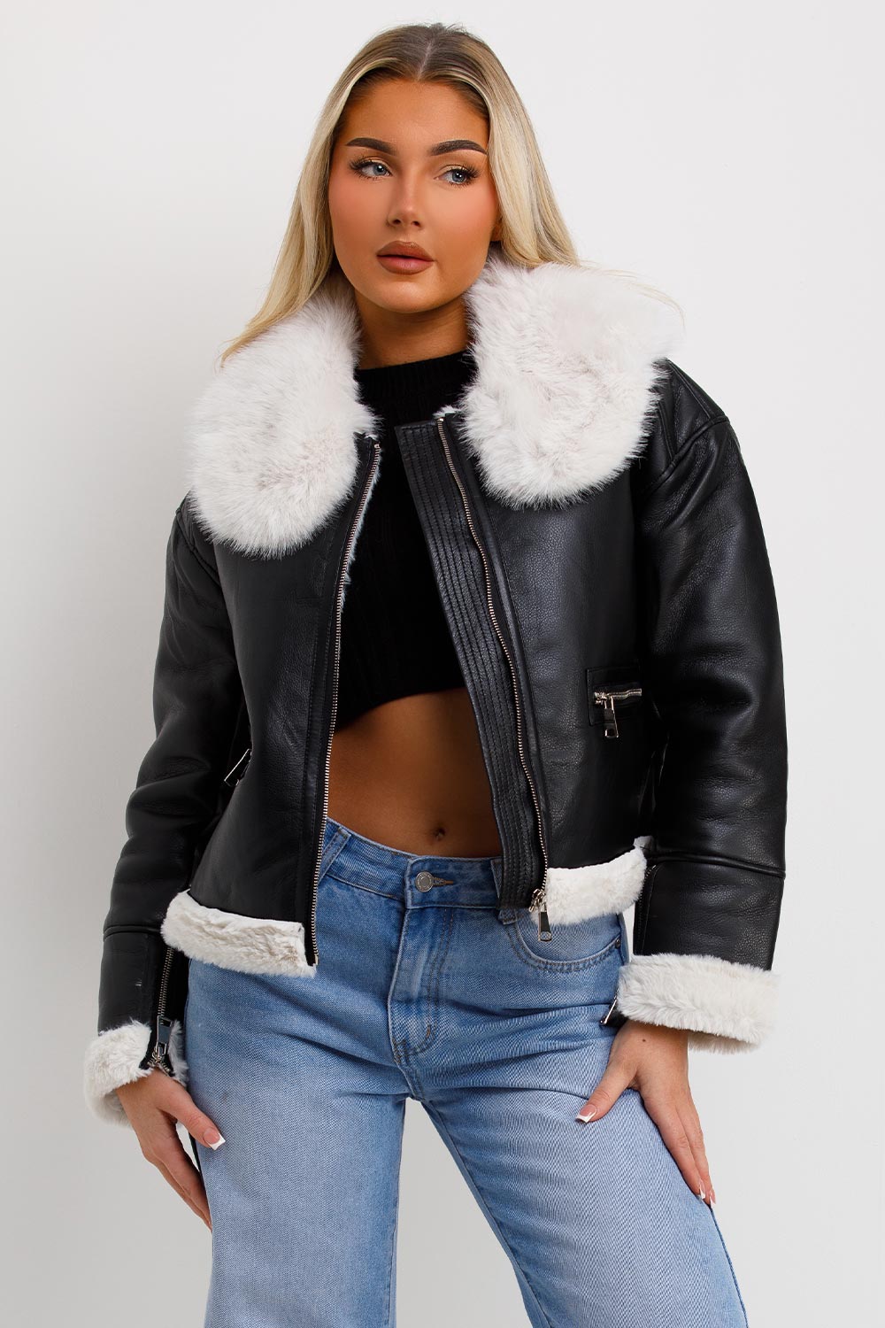 Crop Aviator Jacket With Fur Collar Black