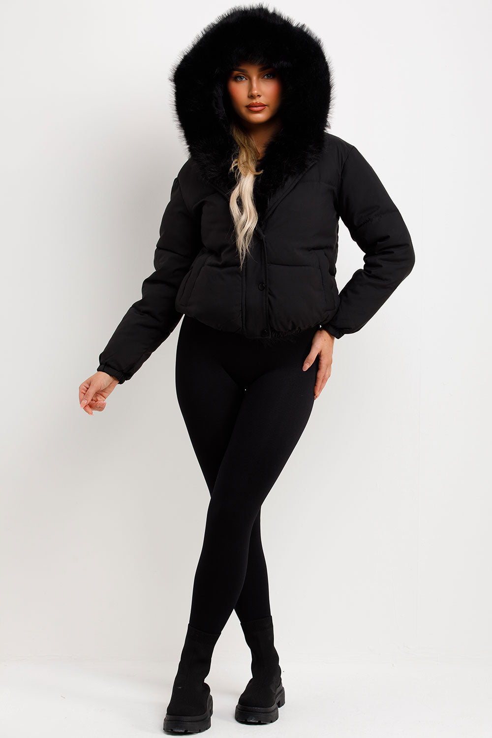 Bomber Jacket With Fur Hood And Trim Black