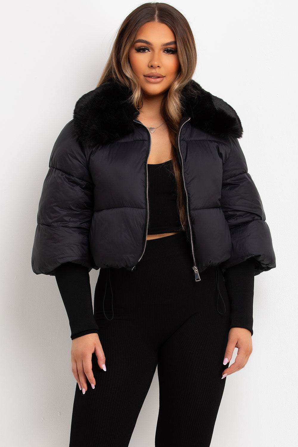 Faux Fur Collar Puffer Jacket Black